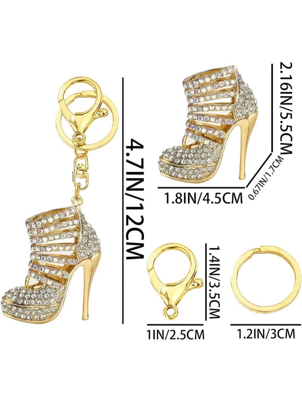 White High Heel Charm Keychain for Women Crystal Diamond Pendant Purse Keyring - Picture 2 of 6